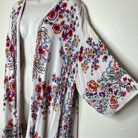 Bila Floral Open Front Cardigan Kimono Cream Boho Crinkle Rayon Women Size M/L - Picture 4 of 12